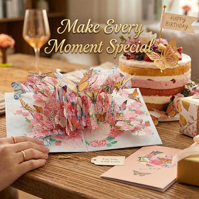 Butterfly Flower Pop Up Card, 3D Butterflies Flowers Garden Anniversary Valentine's Day Popup Cards, Thank You, Happy Birthday Greeting Card for Mom, for Wife, for Daughter, for Sister