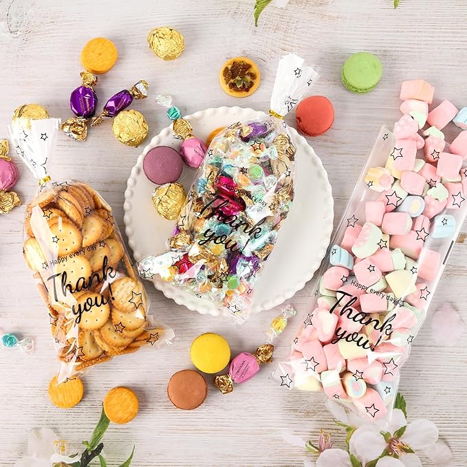Docvania Cellophane Treat Gift Bags Thank You Printed Cookie Bags 100 pcs 5 X 11 Gift Bag with Ties for Mother's Day, Thanksgiving and Christmas