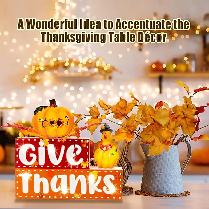 BlcTec Thanksgiving Decorations for Home, Lighted Thanksgiving Wood Block Sign with 3D Letters, Pumpkin, Turkey, Maples, Fruit, Timer, Battery Operated Thanksgiving Sign for Table, Mantle, Shelf Home Décor