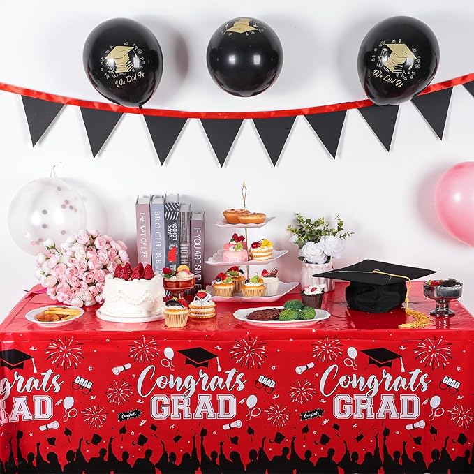 3 Pack Plastic Graduation Tablecloth, Graduation Decorations Class of 2026 Disposable Rectangle Red and Black Table Cover, 2026 Gongrats Grad Table Cloths for Graduation Party Decorations, 54x108