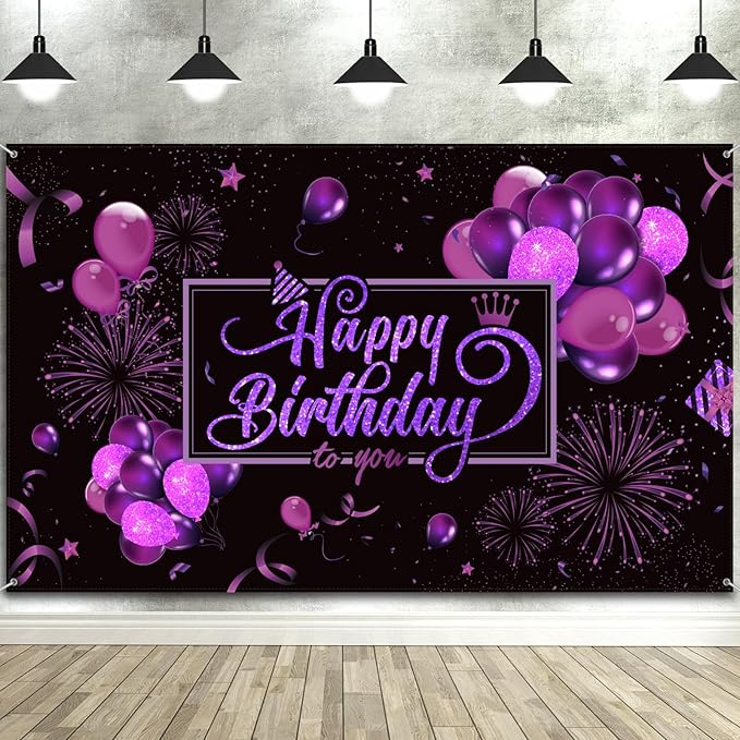 Blulu Happy Birthday Backdrop Banner Sign Poster Large Fabric Glitter Balloon Fireworks Sign Photo Backdrop Background for Birthday Party Decoration Supplies, 72.8 x 43.3in(Black and Purple)