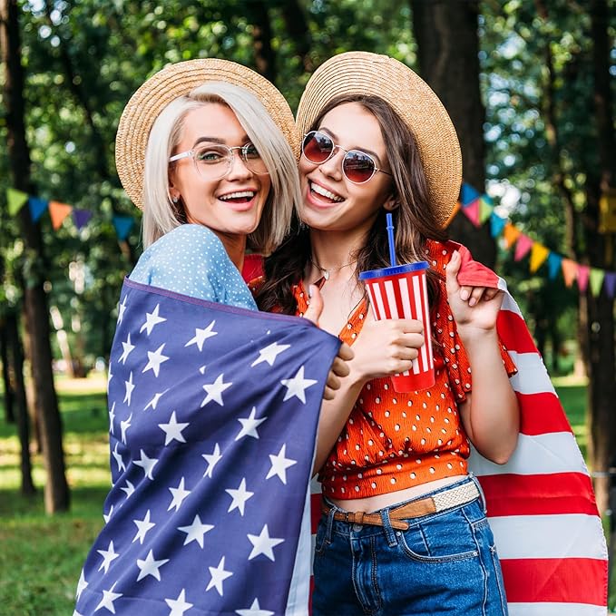 Baderke 24 Pcs 4th of July Plastic Cups Red 24 oz White and Blue Plastic Cups with Lids and Sleeves Stars Stripes Design Drinking Tumbler for Patriotic Memorial Day Reusable Fourth Decor for Party