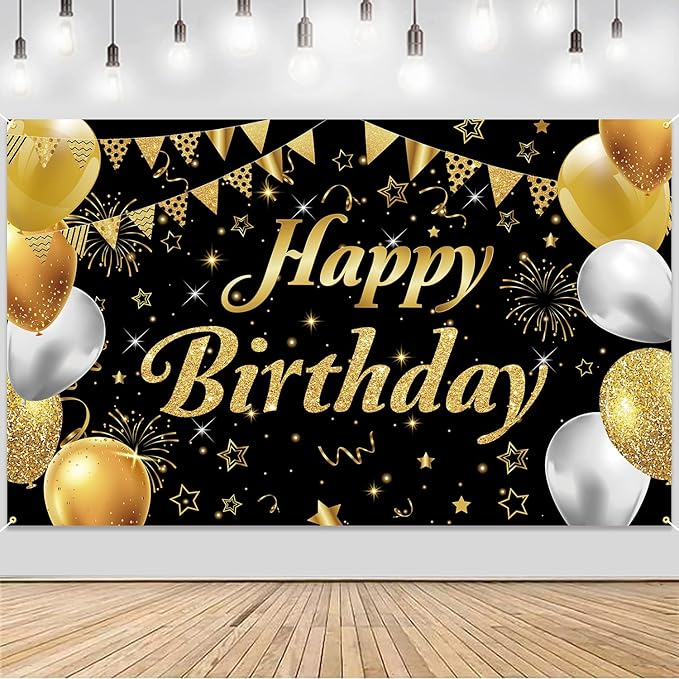 Happy Birthday Banner - Decorations for Men Women Party Welcome Background Sign, Indoor Outdoor (Gold-A)