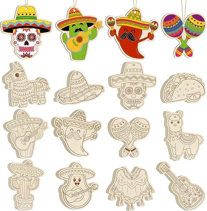 36PCS Wooden Cinco De Mayo Crafts Decorations Mexican Fiesta Party Ornaments to Paint, 12 Styles DIY Blank Unfinished Wood Cutouts for Tree Hanging Mexican Theme Carnival Taco Birthday Party