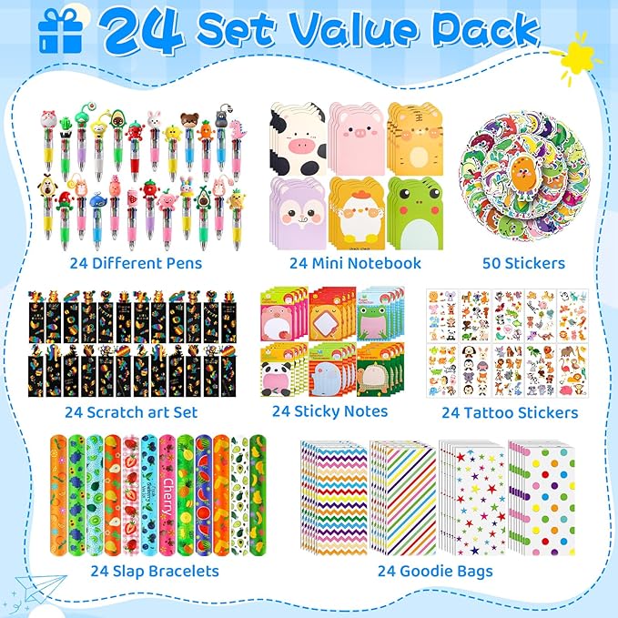 24 Pack Party Favors Classroom Gifts Set with Classic Animal ＆Fruit Designs for Teens, Goodie Bags with Multicolor Pen for Birthday Stuffers Rewards Prizes Party Favors