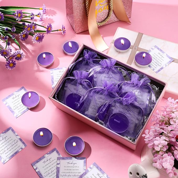50 Sets Baby Shower Party Favors Including 50 Pcs Unscented Tealight Baby Shower Candles Gift Bags Cards for Gender Reveal Party Supplies(Purple)