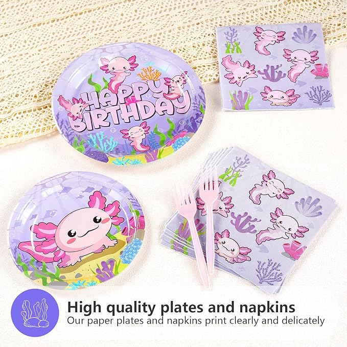 96Pcs Axolotl Birthday Party Supplies Pink Cartoon Axolotl Party Plates and Napkins Tableware Sets Reptile Animals Axolotl Party Decorations for Kids Girls Baby Shower Party Favors, Serves 24