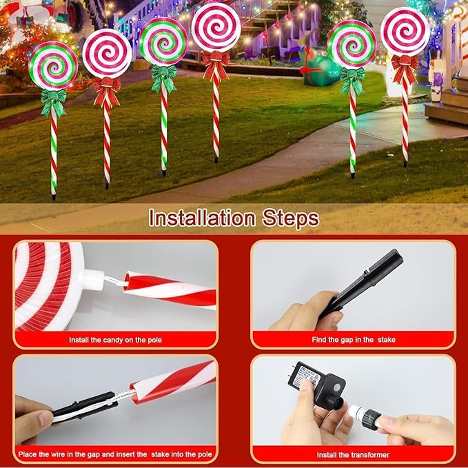 6 PCS Christmas Pathway Lights Outdoor Decorations, 28 Inch Lollipop Walkway Stake 8 Lighting Modes Flickering Candy Marker Waterproof Outside Christmas Decor for Garden Yard Lawn (Red Green)