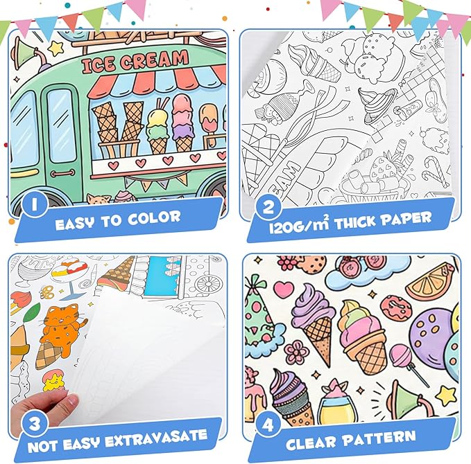 Ice Cream Giant Coloring Poster/Tablecloth, 30 x 72 Inch Summer Theme Craft for Kids Art Crafts Paper Banner Kids Games Activities,Coloring Tablecloth Crafts for Classroom Wall School Home Parties