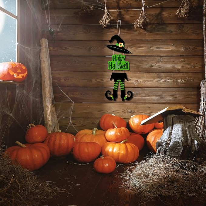 Yerliker Halloween Happy Sign Decoration Witch Legs Hat Hanging Wooden Wall Decor Version Rustic Front Door Hanger Fall Art Ornament for Home Room Indoor Outdoor Holiday Party(Green)