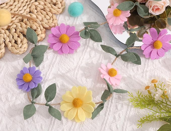 Felt Colorful Daisy Banner - Spring Birthday Wedding Party Decorations,Colorful Flowers Green Leaves Chain Garland,Flower Leaf Party Photo Props,Bohemian Daisy Home Room Hanging Garland