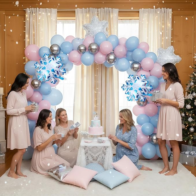 Winter Wonderland Balloon Arch Garland Kit, Light Pink Baby Blue White Balloon with Snowflake Foil Balloons for Christmas Ice Wonderland Snow Baby Shower Gender Reveal Birthday Party Decorations
