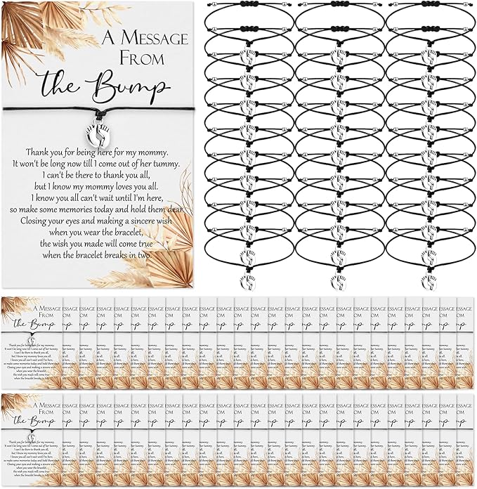 Thyle 50 Set Boho Baby Shower Favors for Guests Adjustable Bracelets with Message from The Bump Card Footprints Charm Baby Shower Bracelets for Gender Reveal Thank You Gifts