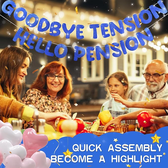Retirement Banner Pre-Strung GOODBYE TENSION HELLO PENSION Banner Glitter Retirement Party Supplies Decorations for Women Men Office Home Decor (Blue)