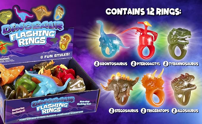 Kangaroo 12 Pack Dinosaur LED Light up Rings Bulk - Flashing Colorful LED Finger Lights Party Favors for Fun - Glow in the Dark Bumpy Blinky Rings for Rave Trinkets and Easter Basket Stuffers for kids