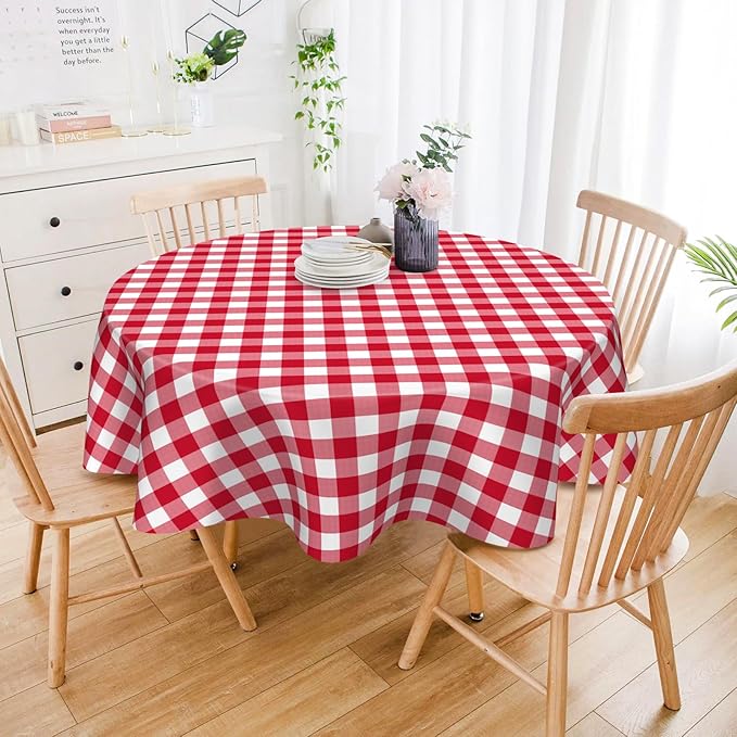 Mulbozy 12 Pack Red Checkered Tablecloth 84 Inches Round Red Gingham Tablecloth Disposable Plastic Waterproof Table Cover for Outdoor Picnic, Kitchen, Holiday Birthday Party
