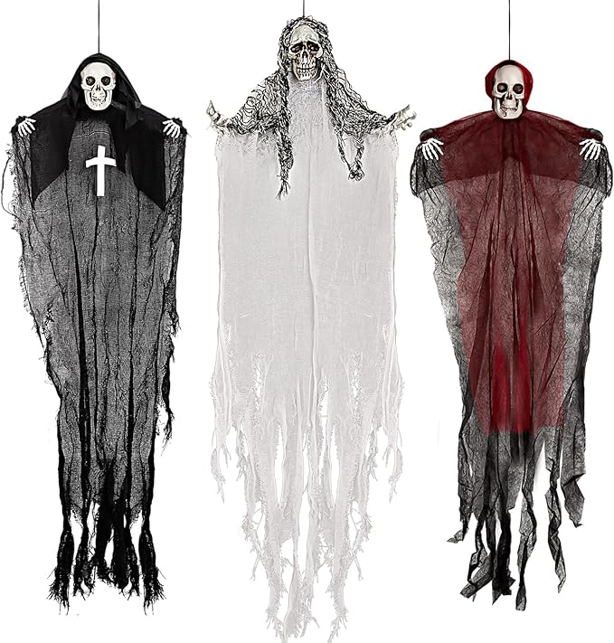 Halloween Hanging Skeleton Ghosts (3 Pack), One 36” and Two 32” Halloweens Grim Reapers, Flying Ghosts for Haunted House Prop Décor, Indoor/Outdoor Halloween Decorations
