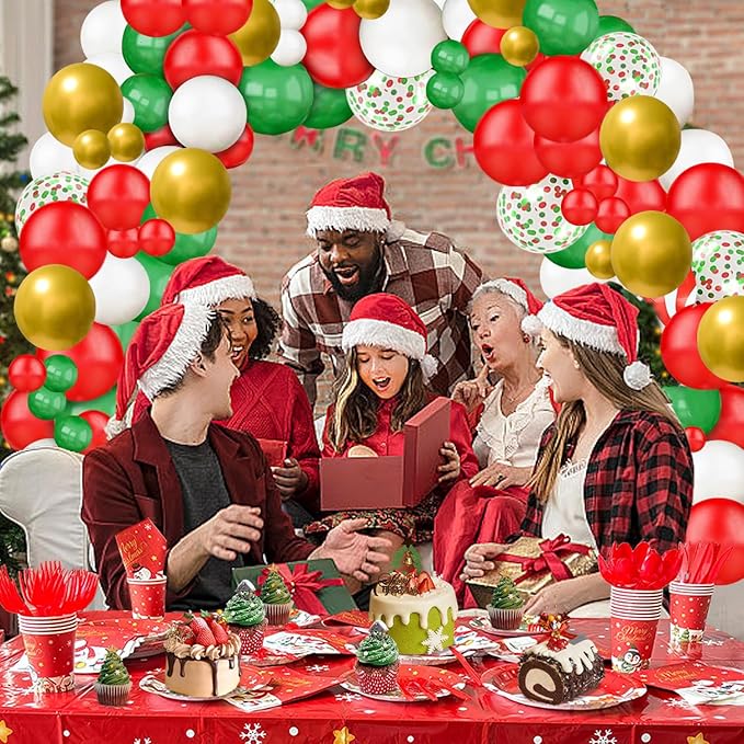 Christmas Party Decorations Dinnerware Set,225 PCS Xmas Party Decoration with Merry Christmas Plates and Napkins Cups Banner Tablecloth Balloons Backdrop for Holiday Party Supplies Serve 20