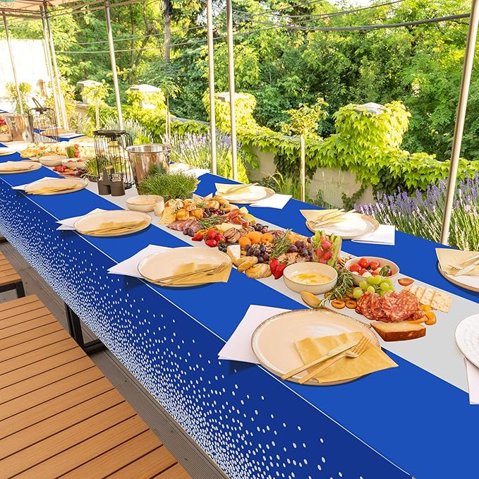 1Pcs Blue Silver Tablecloth Party Decorations,Plastic Royal Blue Table Cloth Printed Silver Table Runner Disposable Rectangle Tables Cover for Anniversary Wedding Graduation 2024 Party,54 x108 Inch