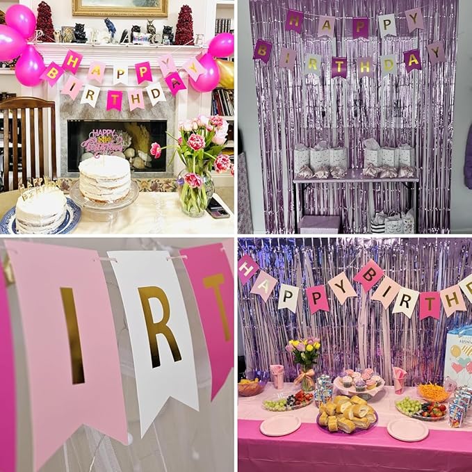 Happy Birthday Banner With Shiny Gold Letters, Swallowtail Design Hanging Signs Party Decorations (Tri-Color Pink)
