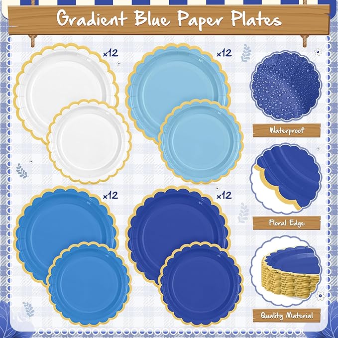 Mimorou 338 Pcs Blue Plates and Napkins Party Supplies for Guests Blue Tableware Include Scalloped Plates Paper Napkin Cup Spoon Fork Knife for Baby Shower, Wedding, Birthday