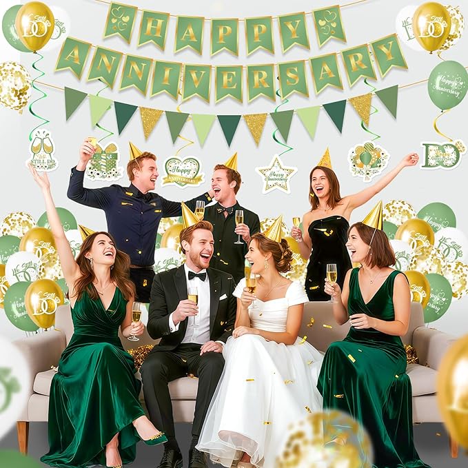 Green Happy Anniversary Decorations, Sage Green Happy Anniversary Banner Balloons First Year Anniversary Hanging Decor Wedding Party Backdrop for Marriage Celebrations Surprise Events Party Supplies