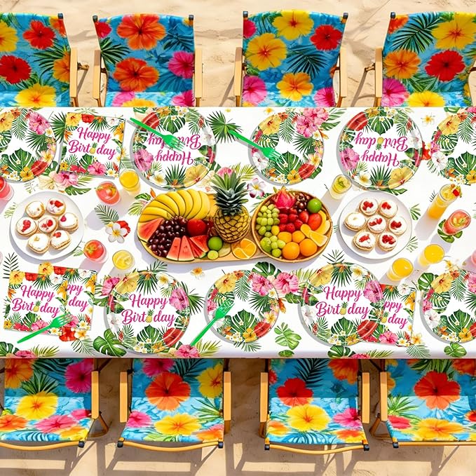 Hawaiian Birthday Party Decorations, 99Pcs Aloha Party Plates-Serve 24 With Birthday Banner Tablecloth Napkins Disposable Dinnerware Set for Hawaiian Birthdays Tropical Summer BBQ Party Decorations