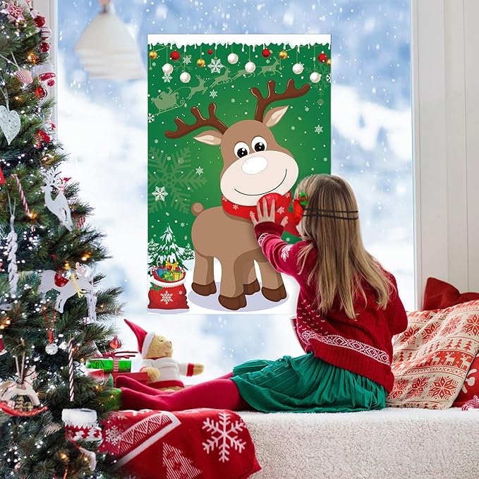 Pin The Nose on The Reindeer with 54PCS Red Nose for Kids Family Pin The Nose on The Reindeer Games, Large Christmas Reindeer Poster Games for Kids Christmas Party Games