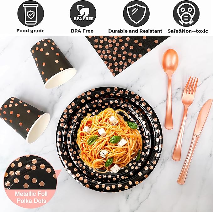 175 Pcs Black and Rose Gold Party Supplies, Disposable Party Dinnerware Gold Plastic Forks Knives Spoons Black Rose Golden Dot Plates Cups Napkins for Birthday Wedding Serves 25