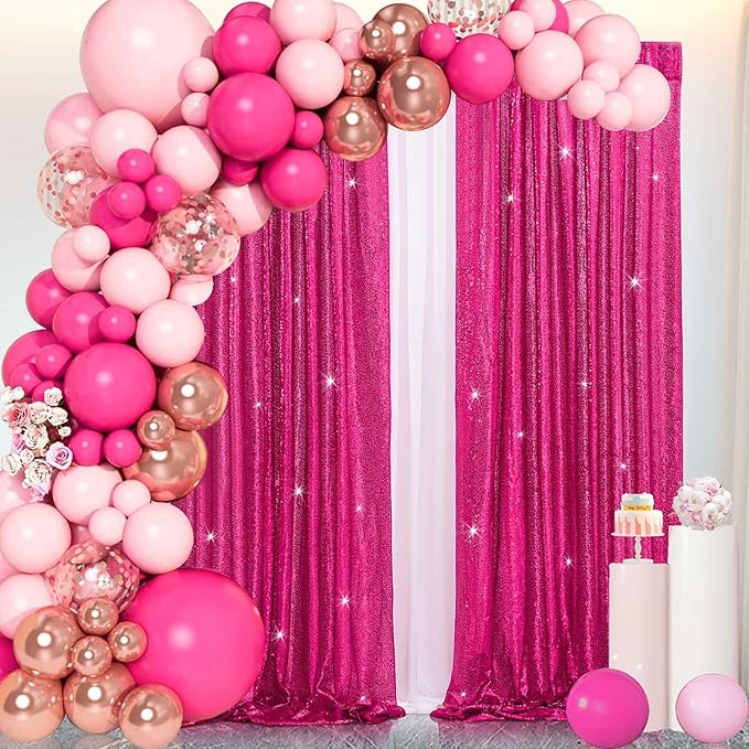 B-COOL Sequin Backdrop Fuchsia Backdrop Curtains 4 Panels 2ft x 8ft Hot Pink Sparkly Backdrop Fabric for Birthday Sweetheart Party Birthday Wedding Drapes