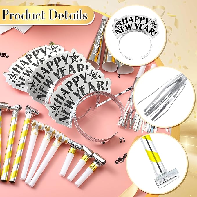 Lenwen 18 Pcs Happy New Years Eve Party Supplies New Year Noise Makers Headband Tiara Party Horn Blowers Whistles Fringed Noisemaker Novelty Favors for Adult Decoration(Silver)