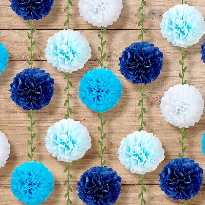 XIANNVXI Blue Tissue Paper Pom Pom Garlands Artificial Flowers Hanging Decorations 8.2ft Hanging Flowers Garland for Birthday Bridal Shower Party Spring Decorations 2PCS（Blue Gradient）