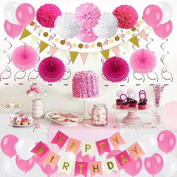 ZERODECO Birthday Decoration Set - Happy Birthday Banner, Paper Fans, Tissue Pom Poms, Hanging Swirls and Balloons in Pink, White and Red