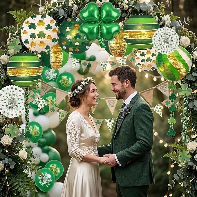 ADLKGG St Patricks Day Decorations Paper Lanterns, 8" Round Hanging Green Clover Lanterns for Irish Party Saint Patricks Day, Easy to Hang Festive Indoor Outdoor Party Supplies, Classroom Decor, 12pcs