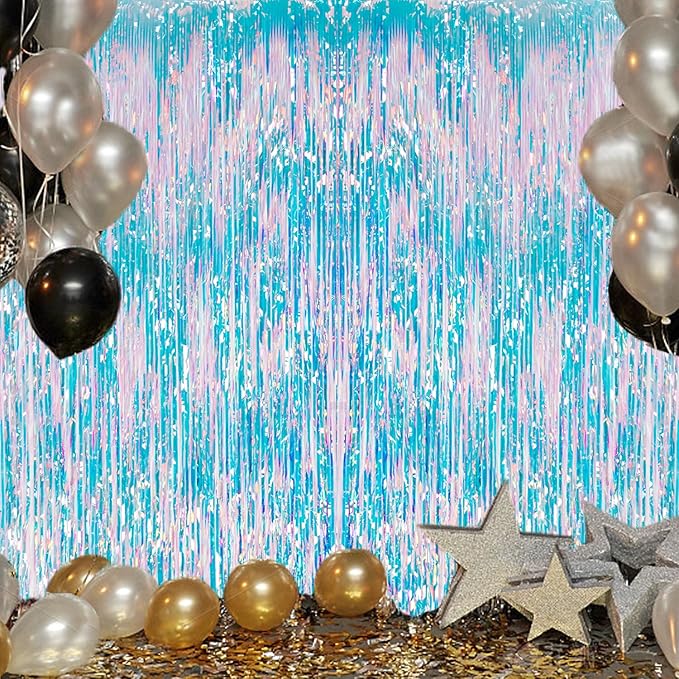 2 Pack Foil Fringe Backdrop - Iridescent Shiny Tinsel Curtains for Party Decoration/Photo Booth Props - 3.3x6.6 FT Metallic Foil Backdrop for Birthday, Wedding, Graduation, Christmas.