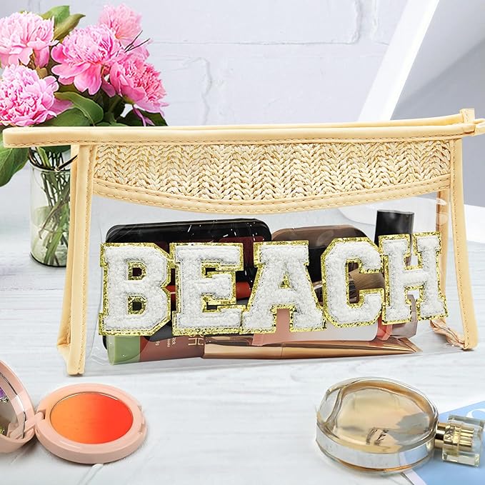 Makeup Bag with Glitter Chenille Letter, 1.1L Capacity Clear Makeup Letter Bag, Beach Bag, 【Easy to Carry】, 【Handmade Woven】 Travel Makeup Bag for Women, (Beige-BEACH)