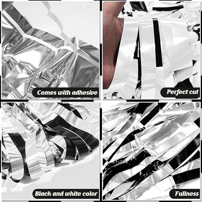 6 Pack 3.3Ft x 6.6Ft Race Car Checkered Foil Fringe Curtain Backdrop Decorations, Black White Metallic Tinsel Foil Streamers Curtain Photo Booth for Race Car One Happy Dude Birthday Party Decorations