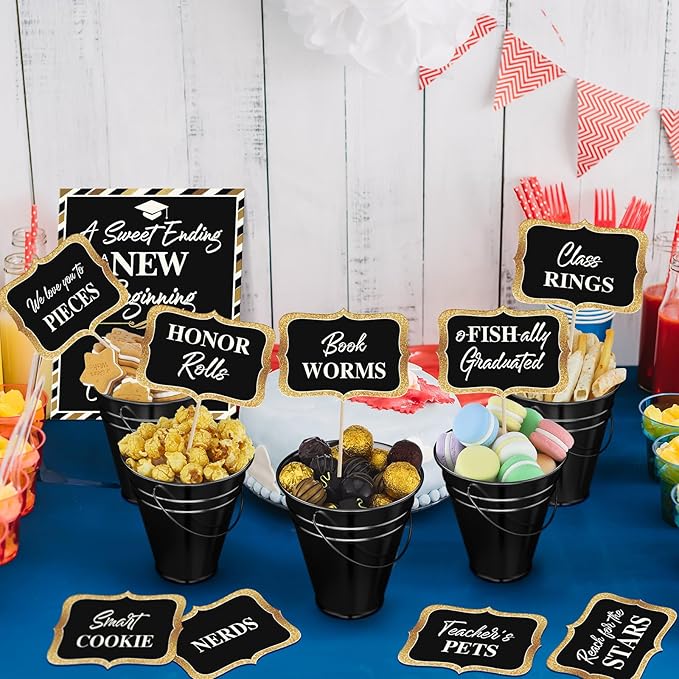 12 Set 2026 Graduation Candy Buffet Party Decoration Graduation Table Candy Bar Snack Labels Signs and 5'' Buckets with Handle for Class of 2026 Party Parties Supplies(Pure Style,Black)