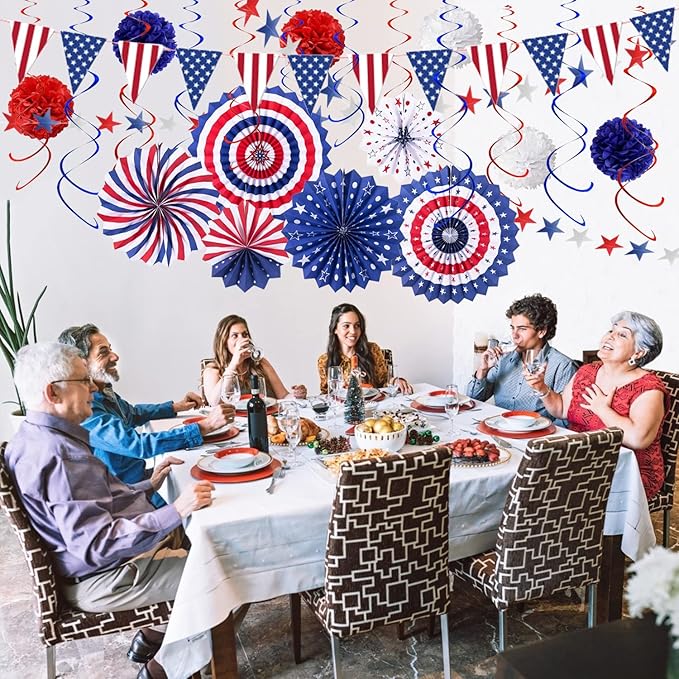 4th of July Patriotic Party Decorations 27 PCS Set, 6 Paper Fan, 6 Flower Ball, 1 USA Flag Pennant, 2 Star Streamer, 12 Swirl Streamer, Independence Day, Memorial Day, Veterans Day Decor Supplies
