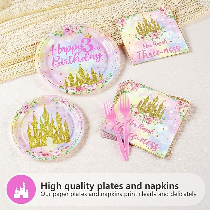 96 Pcs Princess 3rd Birthday Party Supplies Her Royal Threeness Party Plates and Napkins Watercolor Pastel Rainbow Castle Party Decorations for Girls Princess Three Years old Birthday Party Serves 24
