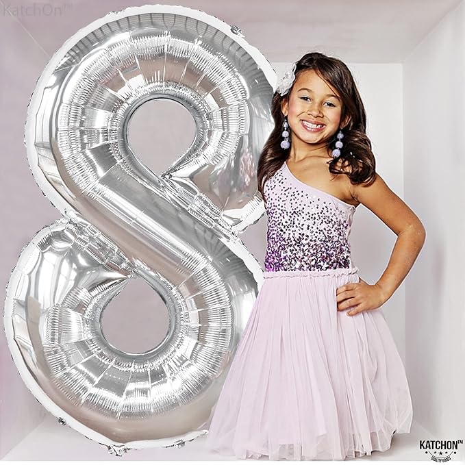 KatchOn, Giant Silver Number 8 Balloon - 40 Inch | 8 Balloon Number for 8th Birthday Decorations Boy | Silver Birthday Decoration | Number 8 Balloons for Birthdays, 8th Birthday Decorations for Girls
