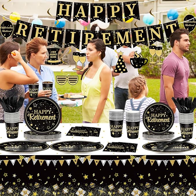 184pcs Happy Retirement Party Supplies, Black Gold Happy Retirement Plates Napkins Cups Tablecloth Swirls Banner Tableware Kit, Disposable Farewell Party Decorations Favors, Serve 25 Guests