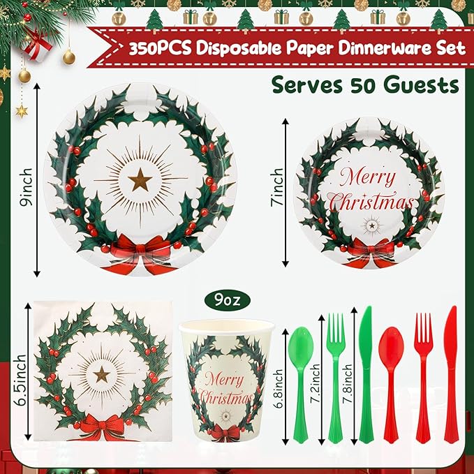 350 Pcs Merry Christmas Paper Plates and Napkins Set for 50 Guests Disposable Dinner Tableware Dinnerware Party Supplies Includes 100 Paper Plates 50 Cups Napkins Set Knives Forks Spoons