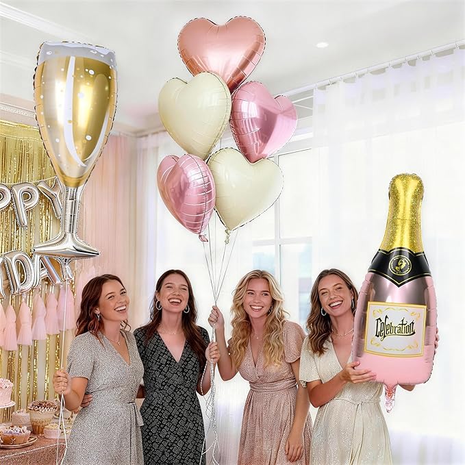 Champagne Balloons, Bachelorette Party Balloons with Champagne Bottle Glass Foil Balloon Rose Gold Pearl Pink Cream Heart Balloon for Engagement Birthday Bridal Shower Wedding Anniversary Decorations