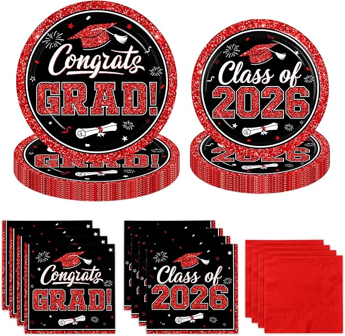 Graduation Decorations 2026 Graduation Party Plates and Napkins Set Black Red Class of 2026 Graduation Party Supplies for Congrats Grad Party Decor, Serve 50