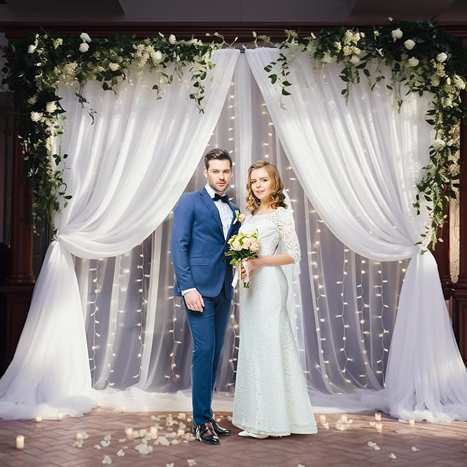 20×10ft White Tulle Backdrop Curtain with Lights String for Parties, Sheer Photo Backdrop Curtains for Wedding Ceremony Birthday Party Bridal Shower Decoration