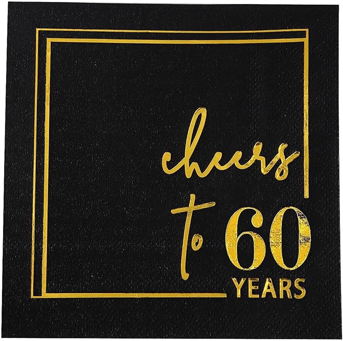 Cheers to Years Cocktail Napkins - 50 PK - 3-Ply Birthday Napkins 5x5 Inches Disposable Party Napkins Beverage Paper Napkins or Birthday Decorations Wedding Anniversary Black and Gold (60 Years)
