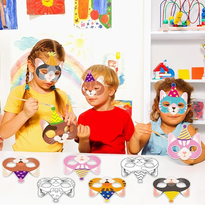 36 Set Cat Coloring Mask Animal Paper Arts Crafts Kids Color Your Own Birthday Cat Blank DIY Mask Masquerade Birthday Party Dress-Up Decoration Favor School Classroom Activity Game Supplies