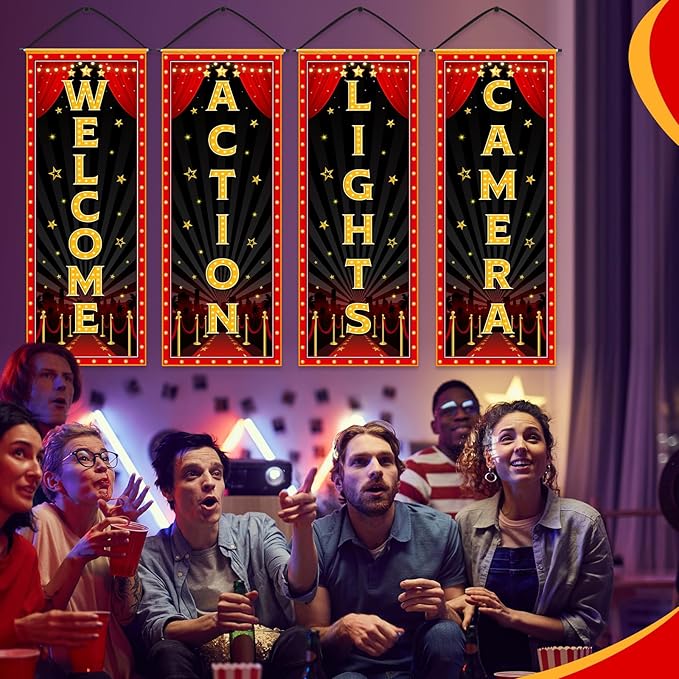 Panelee 4 Pcs Movie Night Porch Banner Movie Themed Party Decorations Theater Welcome Lights Camera Action Front Door Sign Hanging Decoration for Home Photo Film Booth Backdrop Party Supplies