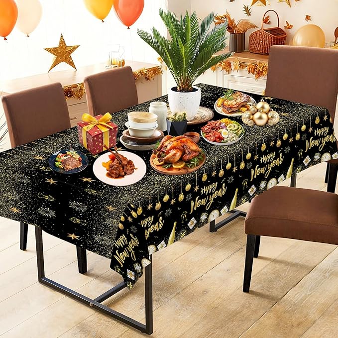 2 Pcs Happy New Years Tablecloth Plastic - Black Gold New Years Eve Party Supplies 2026 Table Cloth, Disposable Large Happy New Year Table Cover for 2026 New Year Party Tables Decorations, 54x108 Inch